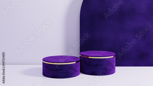 Background for product showcasing. Two violet cylindrical stand on a light purple background. 3D rendering.