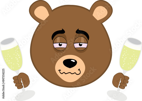 vector illustration face brown bear grizzly cartoon, drunk with glasses of champagne or cider in his hands