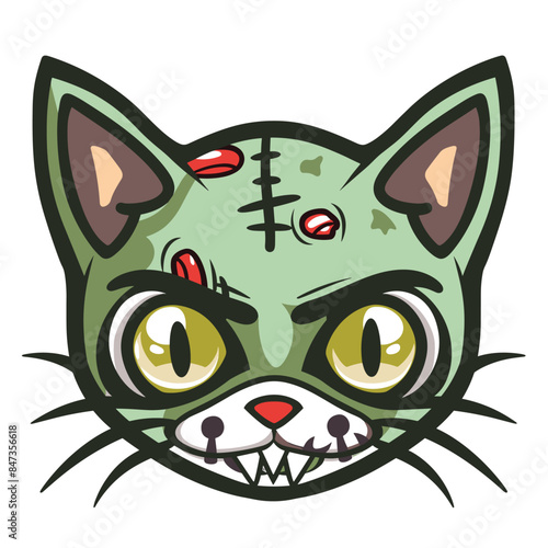 Cartoon zombie cat face stitches, big yellow eyes, sharp teeth. Green skinned undead feline head red wounds dark patches. Creepy cute stylized horror kitten graphic isolated white background