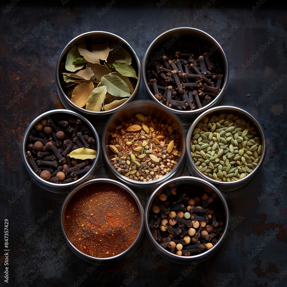 Close-up of an assortment of Indian spices in small metal containers Close-up of an assortment of Indian spices in small metal containers