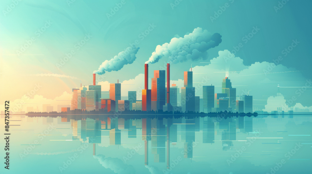Digital artwork of a futuristic cityscape with smokestacks and tall buildings reflecting on a calm body of water. Digital artwork of a futuristic cityscape with smokestacks and tall buildings reflecting on a calm body of water.