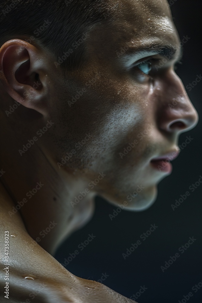 Close-up of a focused Olympic athlete with a photo-realistic style, highlighting determination and athleticism. Close-up of a focused Olympic athlete with a photo-realistic style, highlighting determination and athleticism.