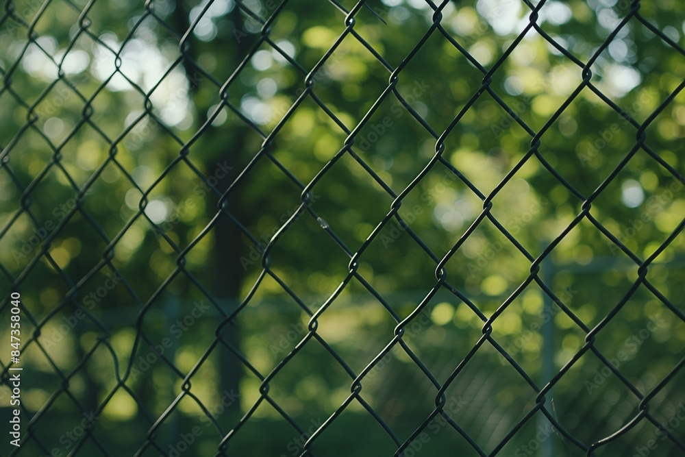 Selective closeup shot of a chain link fence with a blurred green nature background, emphasizing textures and patterns of the metal wires. Selective closeup shot of a chain link fence with a blurred green nature background, emphasizing textures and patterns of the metal wires.