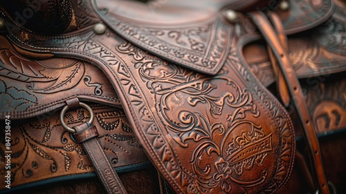 This professional photo focuses on the details of a horse saddle stirrup, capturing the polished brass hardware and stitching. The image highlights the craftsmanship