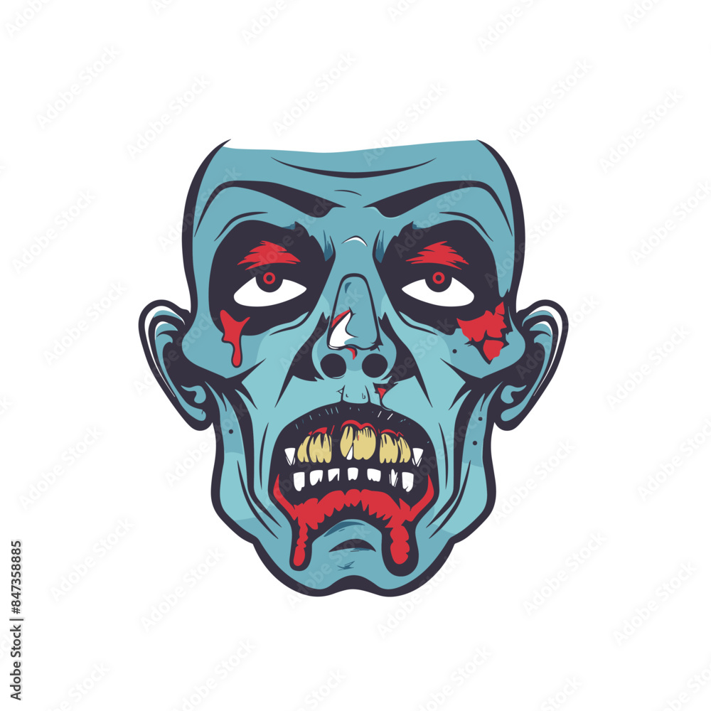 Fototapeta premium Zombie head illustration, menacing expression, cartoon style. Bluefaced undead showing blood, wounds, red eyes. Drawn horror character, isolated white background