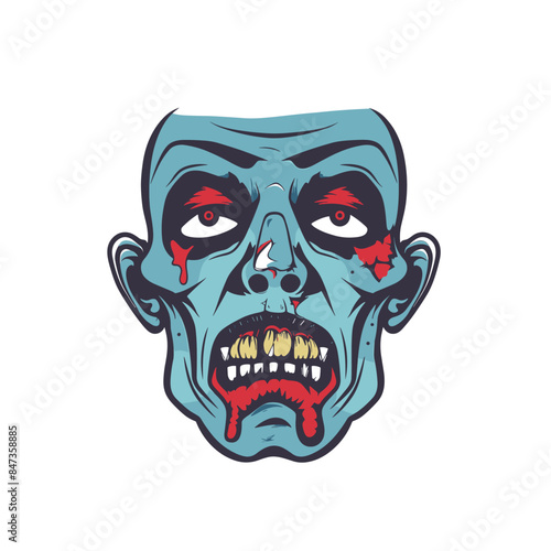 Zombie head illustration, menacing expression, cartoon style. Bluefaced undead showing blood, wounds, red eyes. Drawn horror character, isolated white background