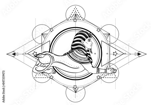 Sacred geometry with egypt symbol. Wings and all seeing eye. Alchemy, religion, spirituality, occultism. Isolated vector illustration. Conspiracy theory. Drawing tattoo art. Coloring book.