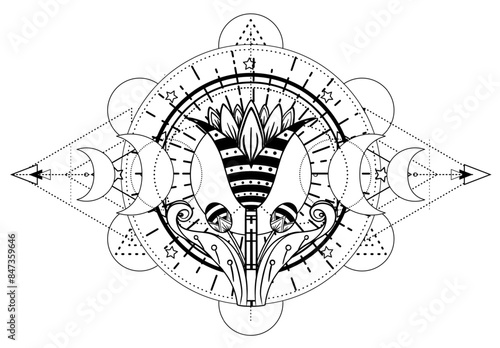 Sacred geometry with egypt symbol. Wings and all seeing eye. Alchemy, religion, spirituality, occultism. Isolated vector illustration. Conspiracy theory. Drawing tattoo art. Coloring book.