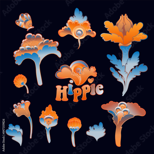 Colorful flower set, retro 60s, 70s hippie style. Vintage psychedelic vector ...