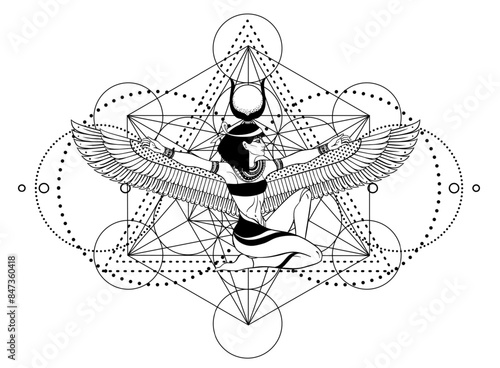 Sacred geometry with egypt symbol. Wings and all seeing eye. Alchemy, religion, spirituality, occultism. Isolated vector illustration. Conspiracy theory. Drawing tattoo art. Coloring book.