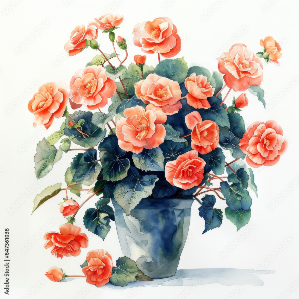 Obraz premium A detailed watercolor painting of peach begonias in a vase, showcasing vibrant flowers and lush green leaves.