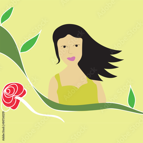 woman with black hair iwith flower and yellow background