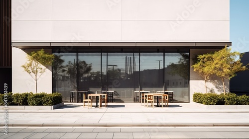 Minimalist Cafe Exterior with Empty Tables