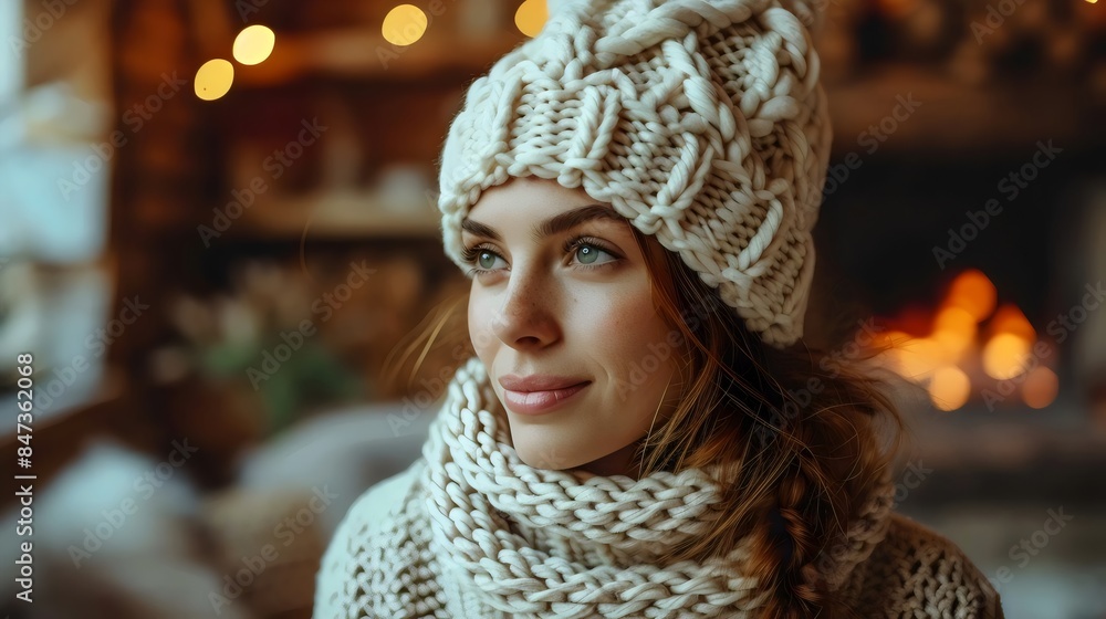 A woman wearing a white hat and scarf is smiling at the camera A woman wearing a white hat and scarf is smiling at the camera