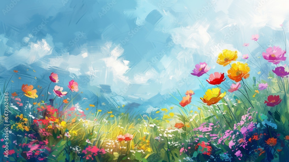 Obraz premium An exquisite and captivating oil painting of intricate floral patterns, showcasing the beauty of blooming flowers and lush foliage. Perfect for enhancing backgrounds, cards, banners