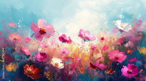 An exquisite and captivating oil painting of intricate floral patterns, showcasing the beauty of blooming flowers and lush foliage. Perfect for enhancing backgrounds, cards, banners