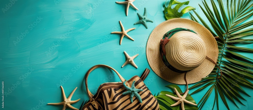 Accessories like a beach bag, hat, and starfish complement the tropical beach setting. Accessories like a beach bag, hat, and starfish complement the tropical beach setting.