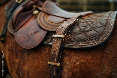 This professional photo focuses on the details of a horse saddle stirrup, capturing the polished brass hardware and stitching. The image highlights the craftsmanship photo