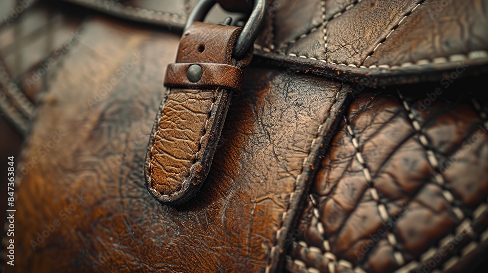 This professional photo focuses on the details of a horse saddle stirrup, capturing the polished brass hardware and stitching. The image highlights the craftsmanship This professional photo focuses on the details of a horse saddle stirrup, capturing the polished brass hardware and stitching. The image highlights the craftsmanship