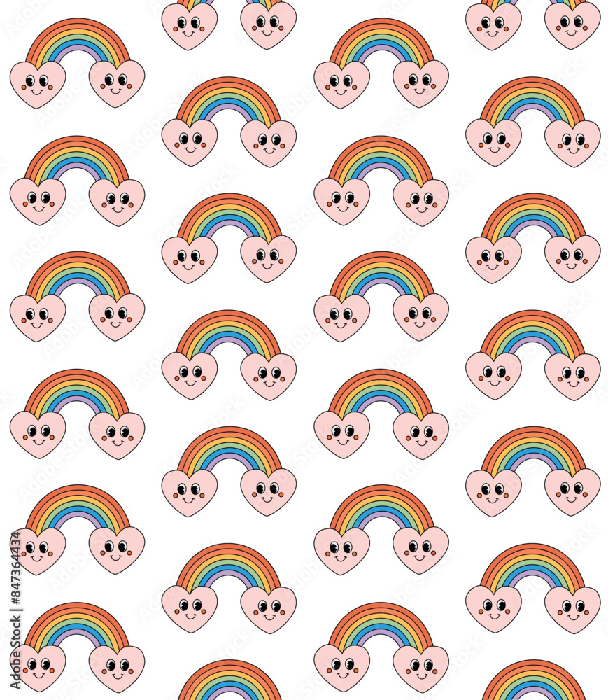 Vector seamless pattern of groovy retro cartoon lgbtq rainbow isolated on white background Vector seamless pattern of groovy retro cartoon lgbtq rainbow isolated on white background