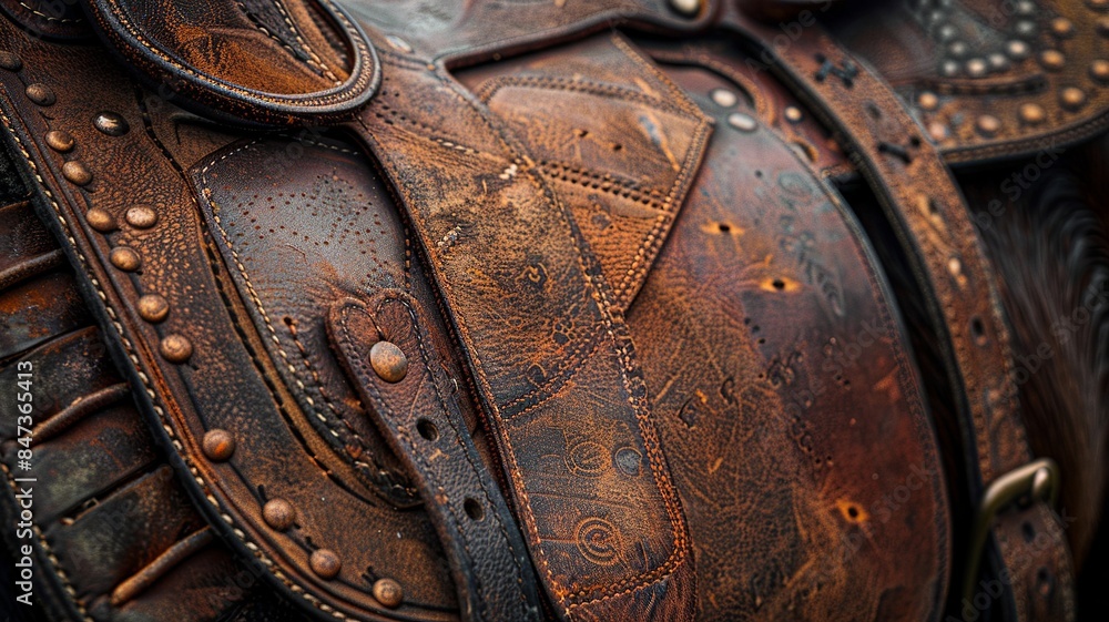 This professional photo focuses on the details of a horse saddle stirrup, capturing the polished brass hardware and stitching. The image highlights the craftsmanship