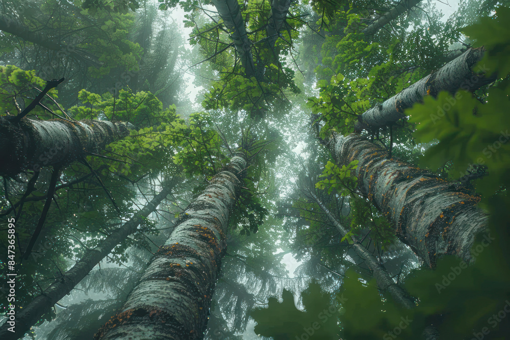 Fototapeta premium Exploring Majestic Forests Captivating View of Towering Trees Reaching Toward the Sky with Lush Green Foliage and Misty Background