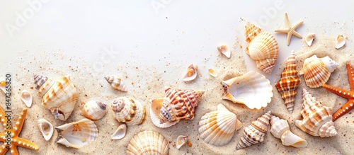 Sea shells scattered in sand on a white background © Lasvu