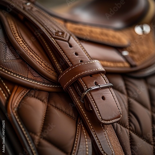 This professional photo focuses on the details of a horse saddle stirrup, capturing the polished brass hardware and stitching. The image highlights the craftsmanship © Silvana