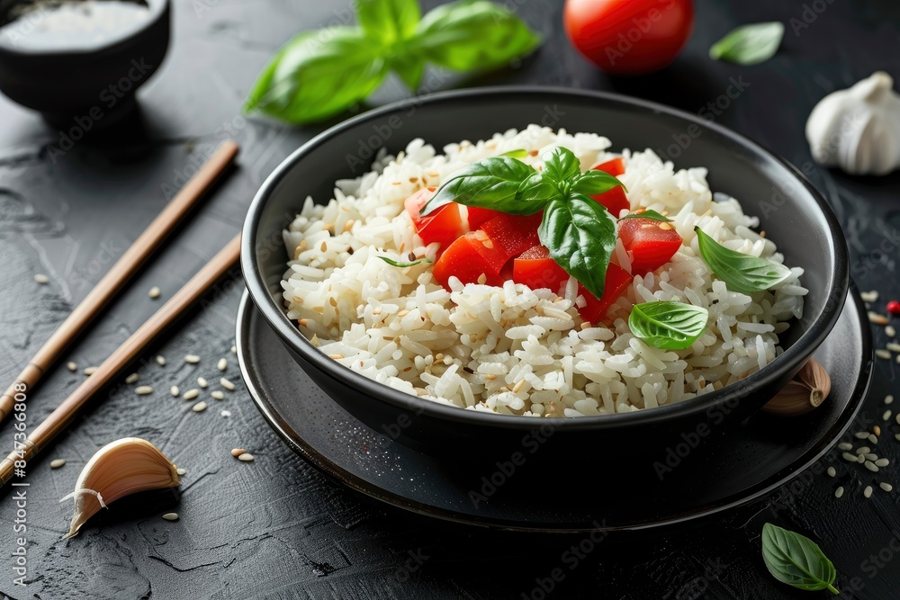 Black plate bowl of rice with tomato and basil and garlic and chopsticks on black background - generative ai Black plate bowl of rice with tomato and basil and garlic and chopsticks on black background - generative ai