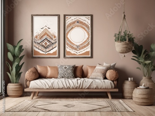 Living room with sofa and window with plant on the wall.