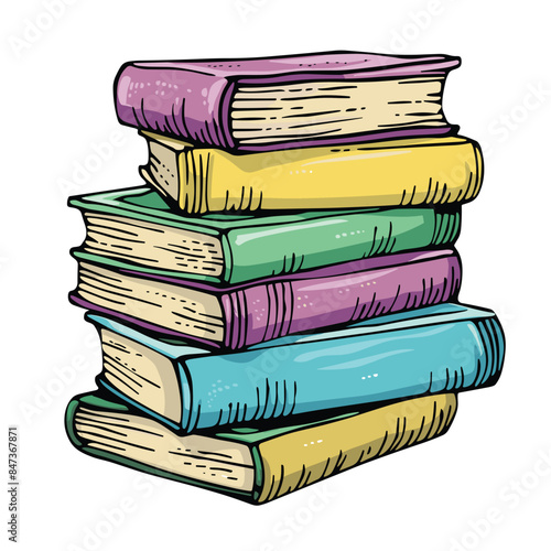 Stack colorful books handdrawn style education learning. Pile books cartoon vector illustration reading literature study. Graphic books isolated white background knowledge concept