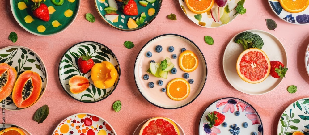 Assorted plates adorned with vibrant fruits and vegetables Assorted plates adorned with vibrant fruits and vegetables