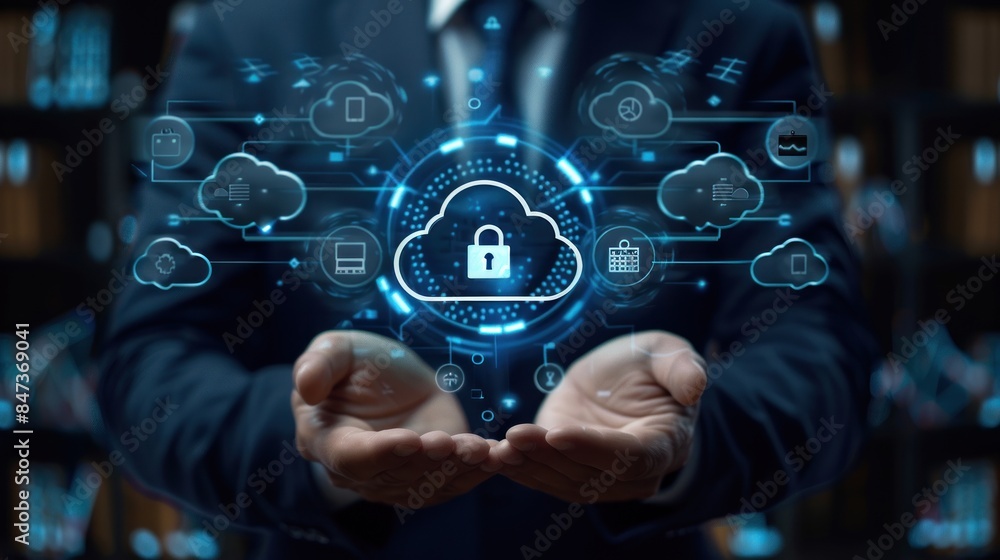 Fototapeta premium Businessman Holds Icon Padlock and Global Network with Technology Analysis.