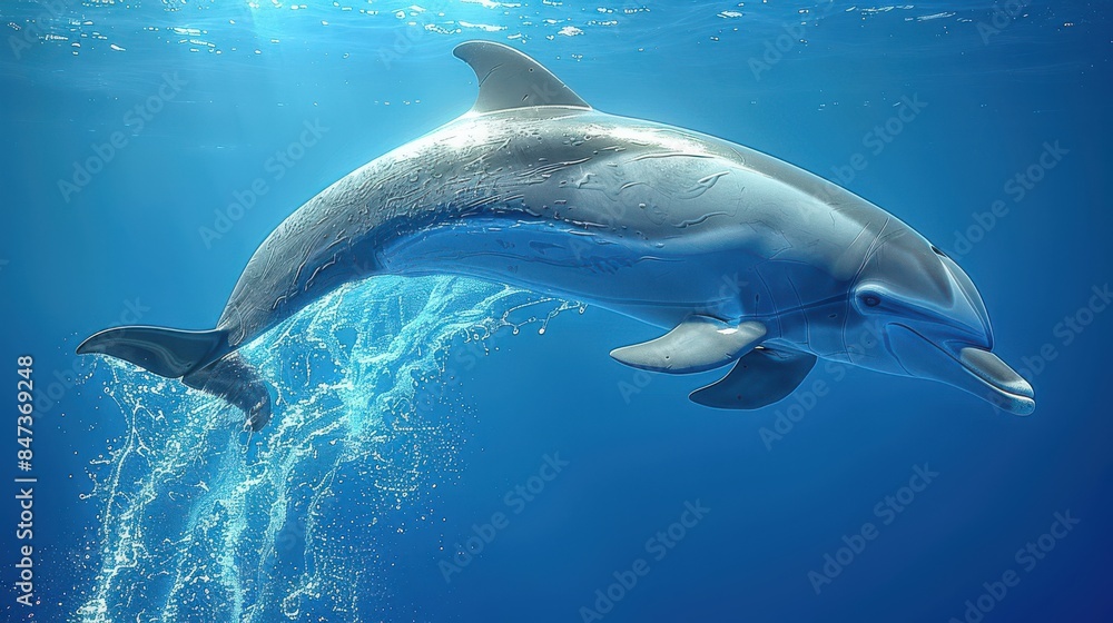 Obraz premium Stunning Underwater Image Capturing the Grace and Beauty of a Dolphin Swimming in Crystal Clear Ocean Waters with Sunlight Filters