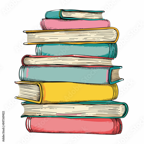 Stack colorful books illustration, handdrawn sketch style, educational concept. Vertical pile books, drawing book lovers, literature theme. Artistic depiction book stack, reading hobby isolated
