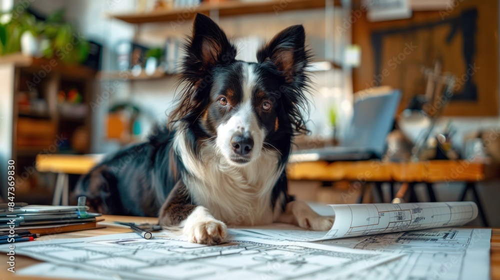 A dog is laying on a desk with papers. A dog is laying on a desk with papers.
