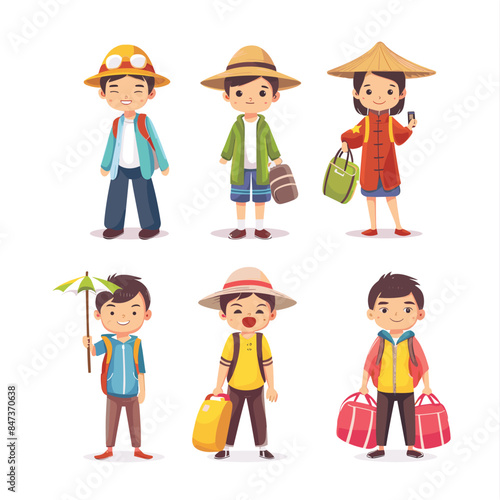 Six cartoon kids traveling, child equipped vacation. Diverse ethnicities, boys girls, carrying luggage, wearing hats, ready adventure. Cute children smiling, wearing casual outfits, prepared