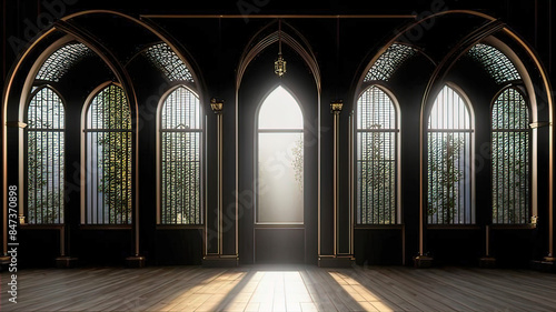 Aristocratic background with symmetrical arches and a wall with black and gold panels  beautiful pampas installations of white and black roses 