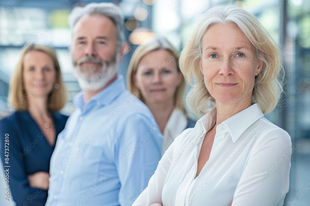 Portrait of smiling senior businesswoman with colleagues in background at office Portrait of smiling senior businesswoman with colleagues in background at office