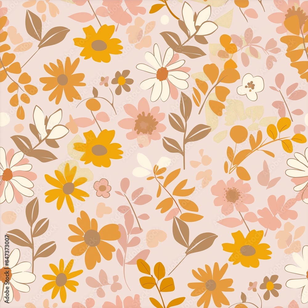 Flat 2D pattern of flowers in muted pink and yellow tones, perfect for textiles and background designs. Flat 2D pattern of flowers in muted pink and yellow tones, perfect for textiles and background designs.