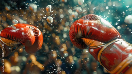 Close-up shot of two red boxing gloves clashing with dynamic energy and flying sweat droplets, capturing the intensity of a boxing match. photo