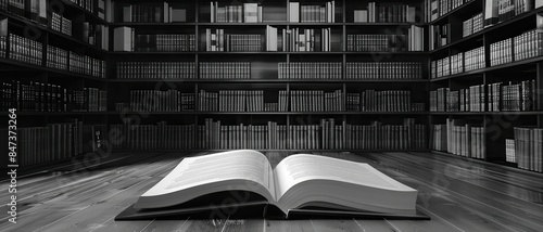 Open book on the floor in large library. Bookshelves filled with books in background, black and white photo emphasizing knowledge and study.