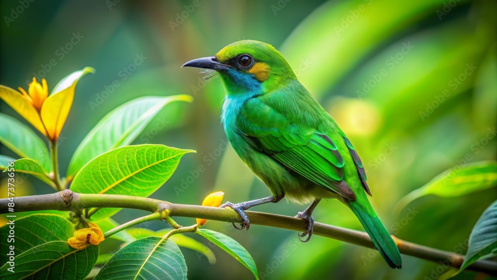Vibrant green bird perches on a delicate branch, set against a lush, dense backdrop of emerald leaves, creating a serene and peaceful atmosphere. Vibrant green bird perches on a delicate branch, set against a lush, dense backdrop of emerald leaves, creating a serene and peaceful atmosphere.