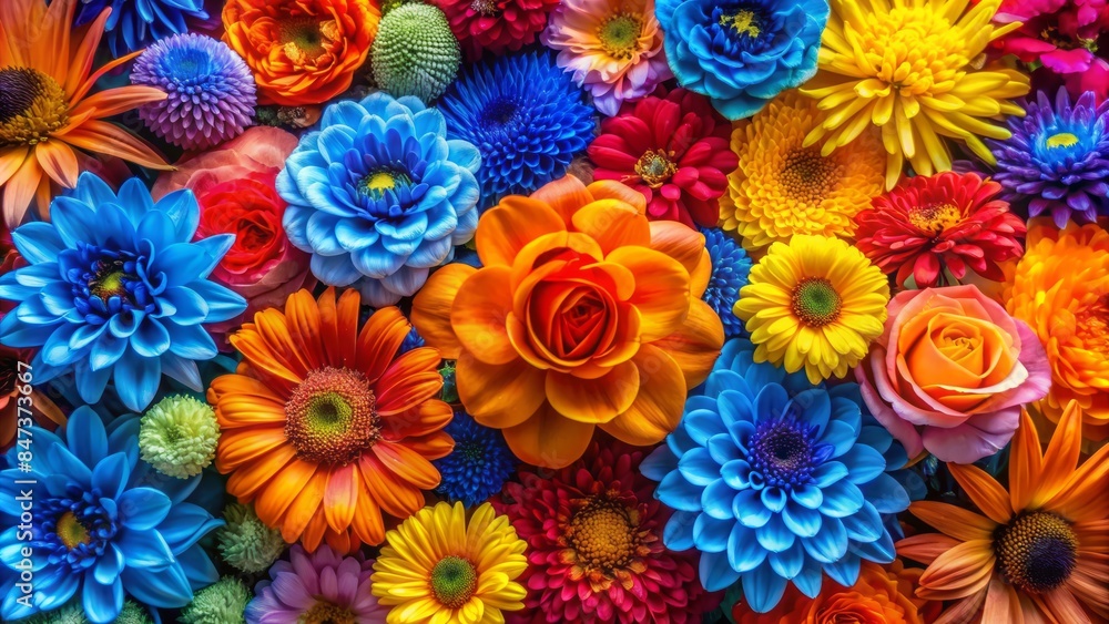 Vibrant medley of blue, yellow, red, orange, and pink flowers clustered together against a multicolored background, creating a stunning visual harmony. Vibrant medley of blue, yellow, red, orange, and pink flowers clustered together against a multicolored background, creating a stunning visual harmony.