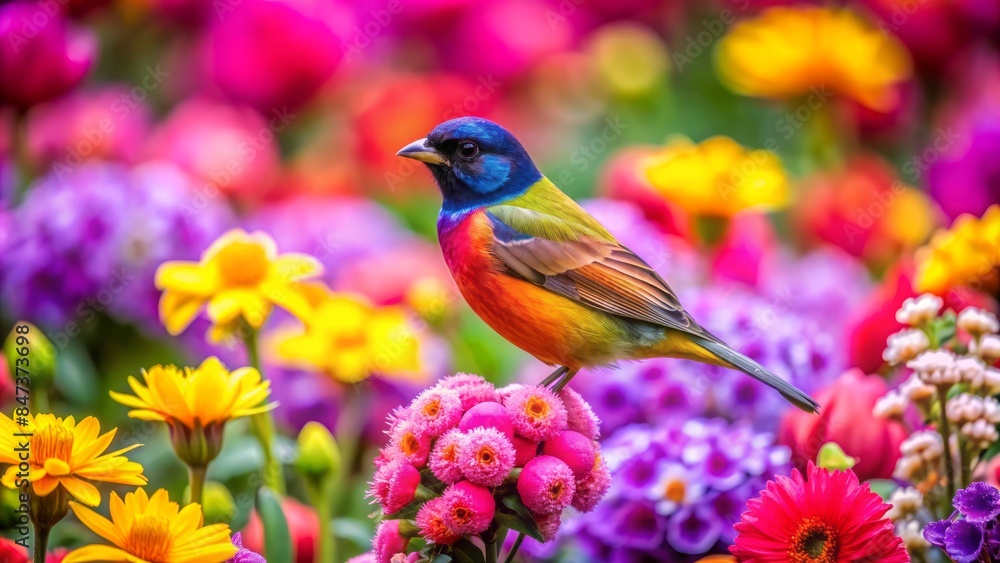 Vibrant bird rests on a colorful flower bed amidst pink, yellow, and purple blooms, surrounded by softly blended hues of pink, purple, yellow, and red. Vibrant bird rests on a colorful flower bed amidst pink, yellow, and purple blooms, surrounded by softly blended hues of pink, purple, yellow, and red.