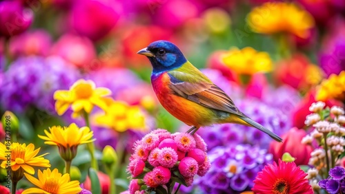 Vibrant bird rests on a colorful flower bed amidst pink, yellow, and purple blooms, surrounded by softly blended hues of pink, purple, yellow, and red. 