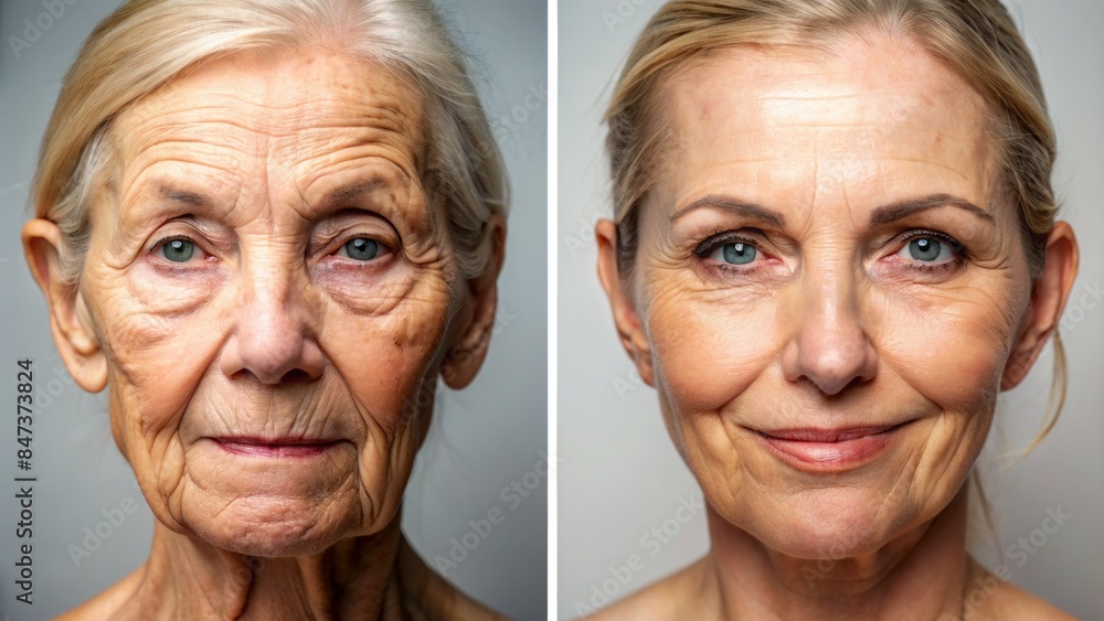 Dramatic before-and-after split-screen comparison of aged skin with deep wrinkles and fine lines, transformed to smooth, radiant, and youthful complexion after salon treatments. Dramatic before-and-after split-screen comparison of aged skin with deep wrinkles and fine lines, transformed to smooth, radiant, and youthful complexion after salon treatments.