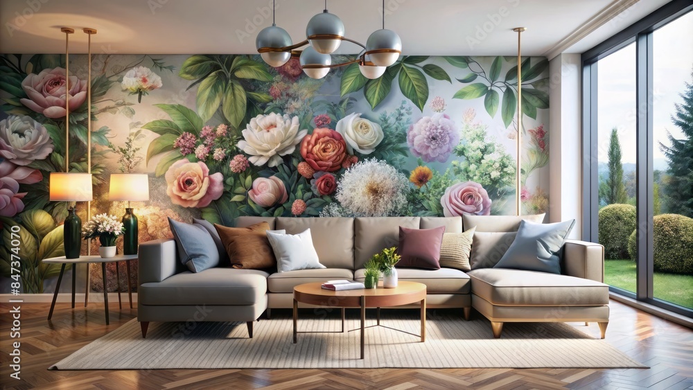 Modern living room interior features a stunning floral mural with colorful flowers blooming on the wall, surrounded by sleek furniture and natural light pouring in. Modern living room interior features a stunning floral mural with colorful flowers blooming on the wall, surrounded by sleek furniture and natural light pouring in.