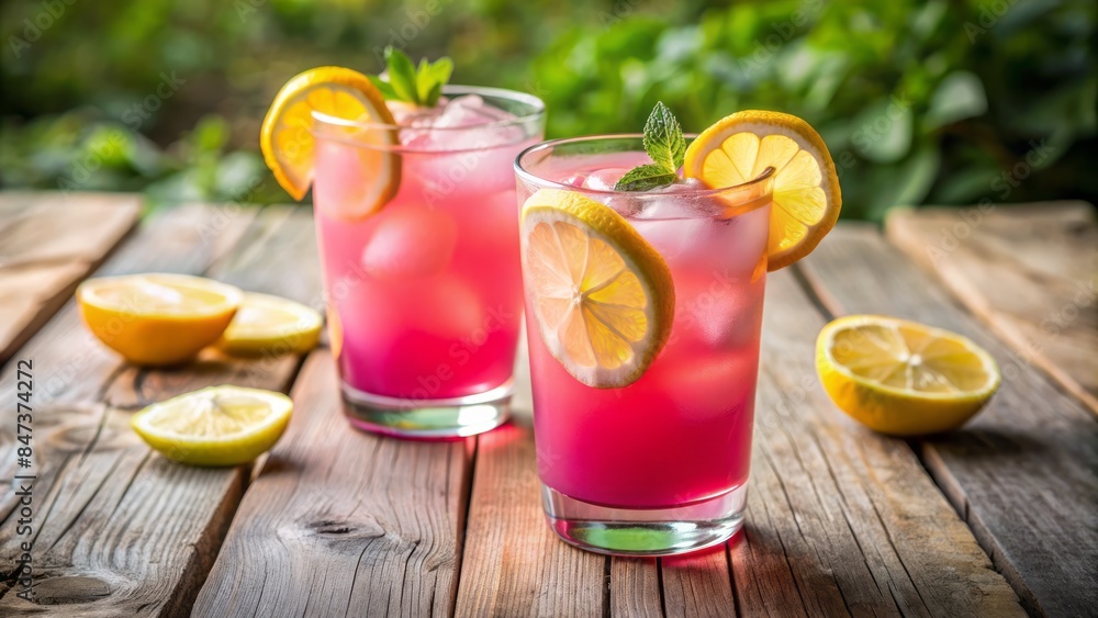 Two refreshing glasses of vibrant pink lemonade garnished with thin lemon slices sit on a rustic wooden table outdoors. Two refreshing glasses of vibrant pink lemonade garnished with thin lemon slices sit on a rustic wooden table outdoors.