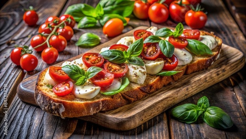Freshly baked bread topped with juicy tomatoes, fragrant basil leaves, and mozzarella cheese on a dark rustic wooden background.